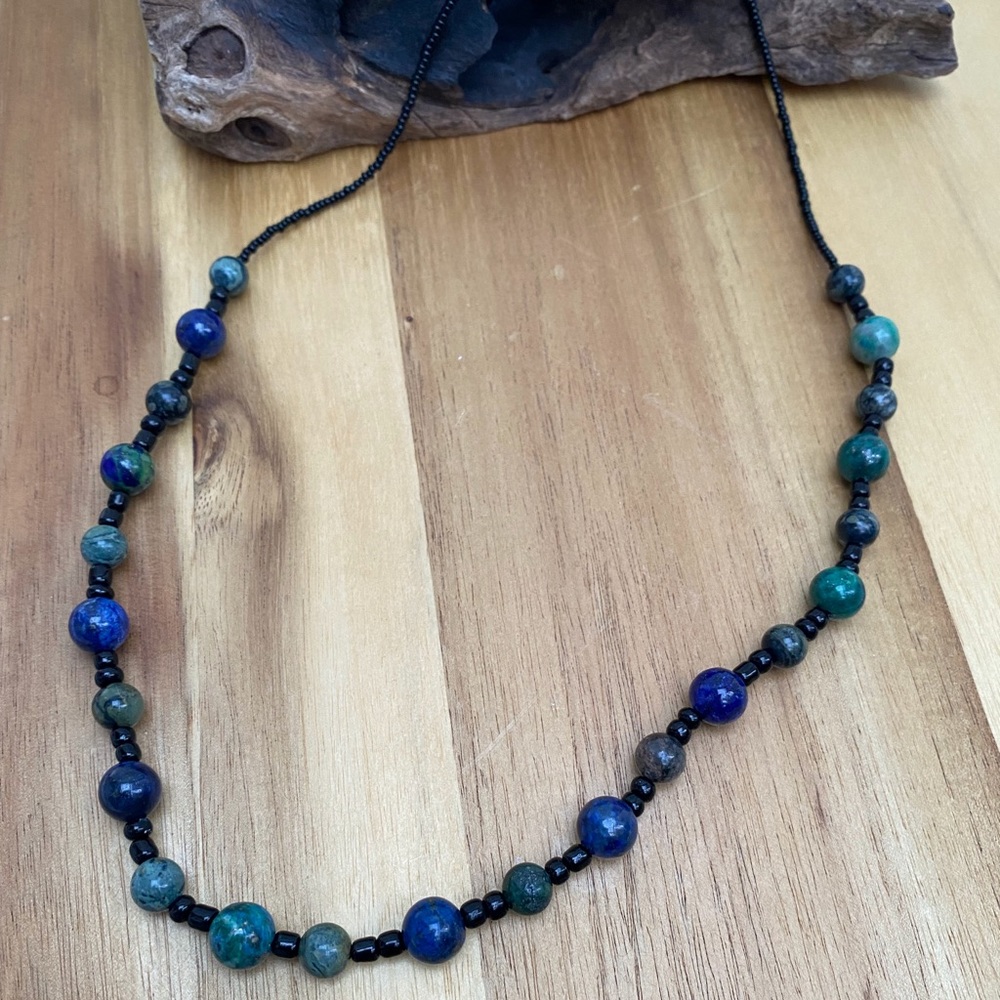 New Handcrafted Artisan Kambaba Jasper and Lapis Chrysocolla Stone Bead Necklace